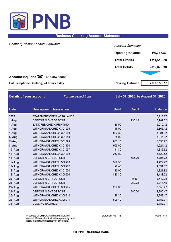Modèle Word et PDF de déclaration commerciale de la Banque nationale des Philippines